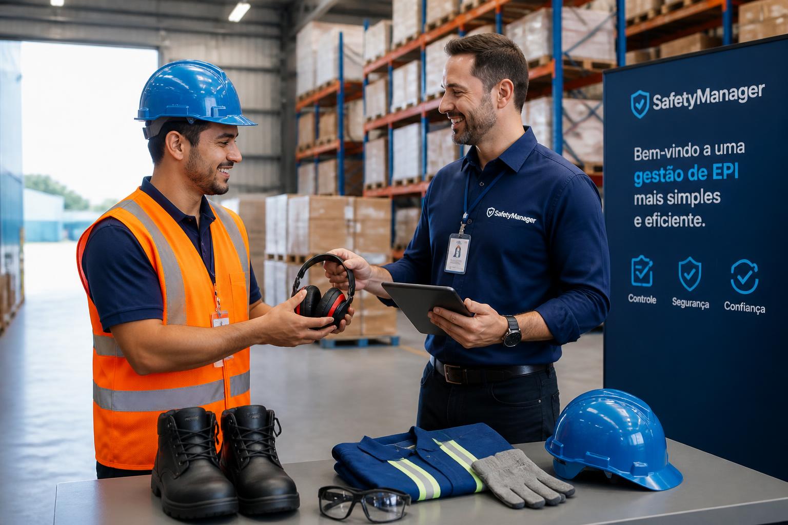 Entrega de EPI com tablet em ambiente industrial